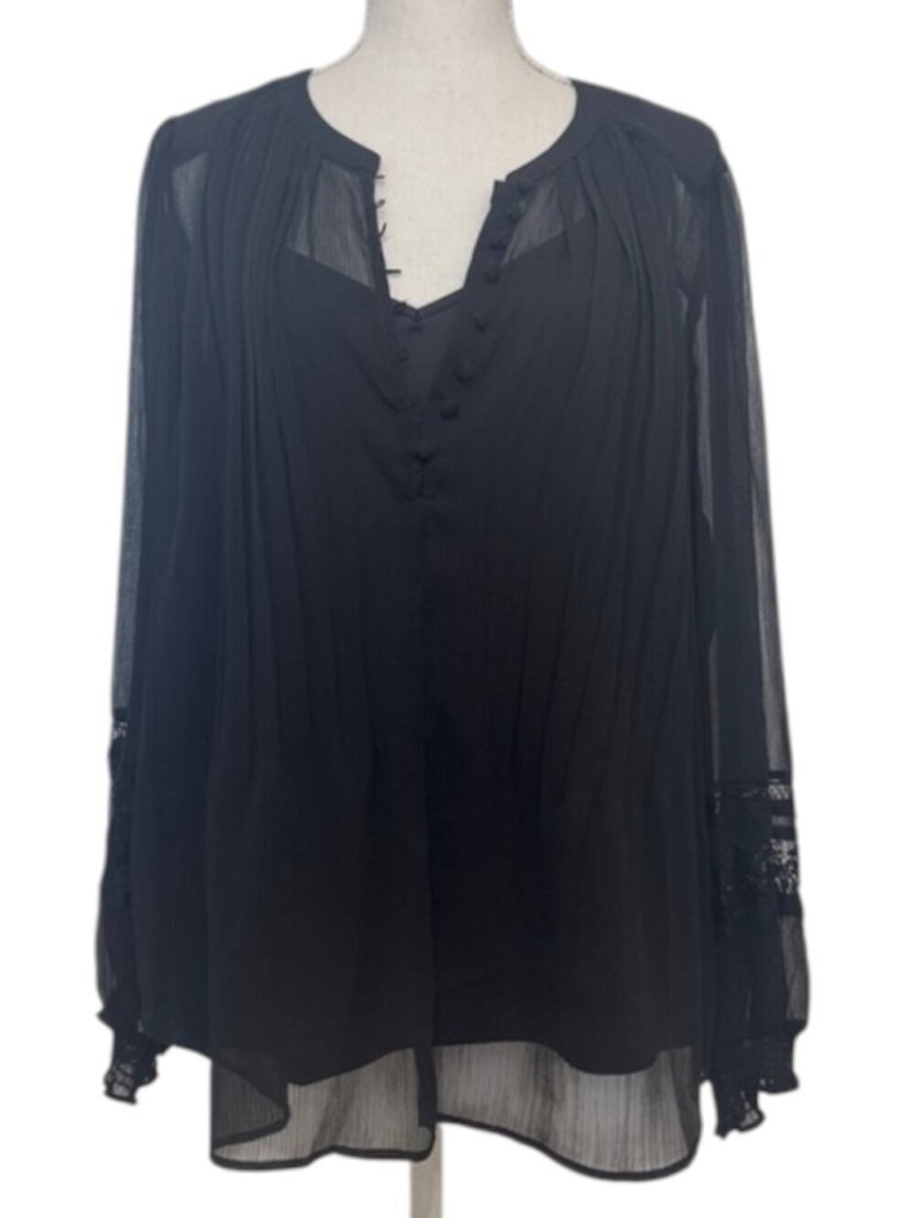 Simply Vera Wang Black Sheer Button-Front Blouse Women's Size XL Black Lace